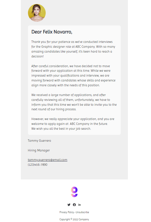 Rejection email template for potential candidates