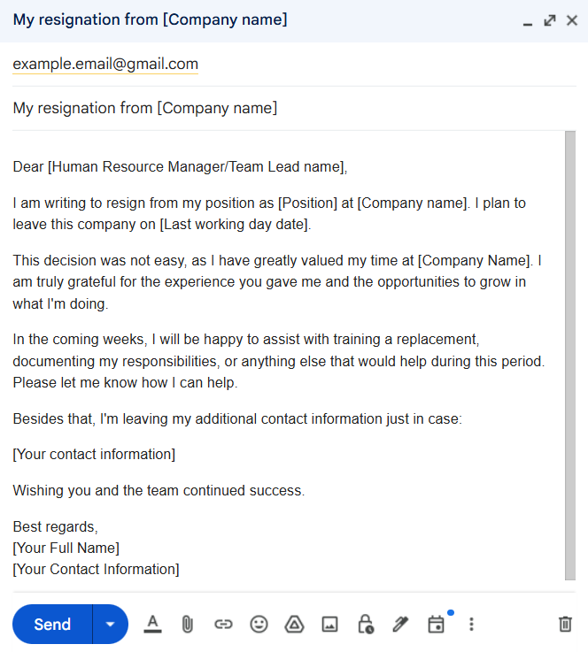 Resignation Email Example