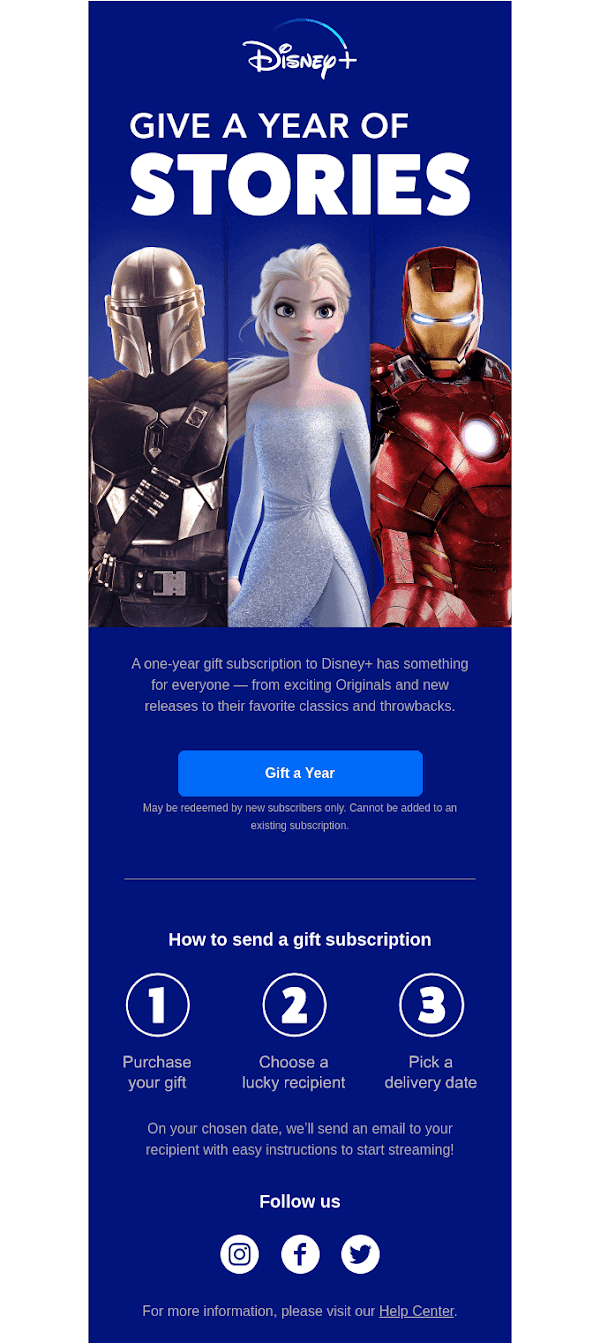 Special gift card email example from Disney Plus