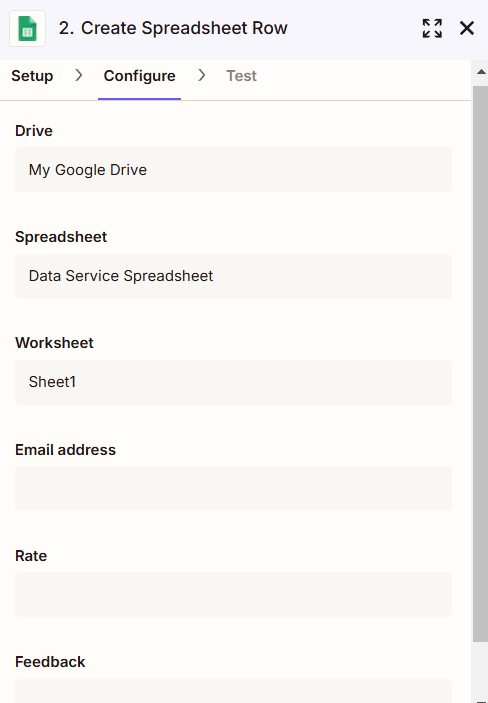 Spreadsheet configuration screen