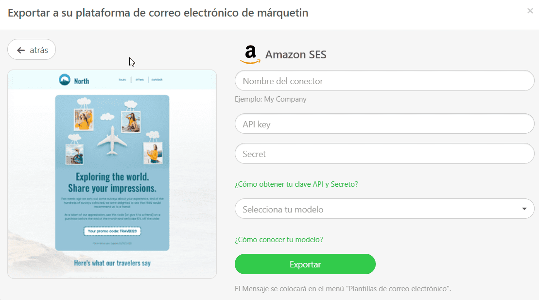 Cuenta Stripo _ Introduce tus datos para exportar un correo electrónico a Amazon SES