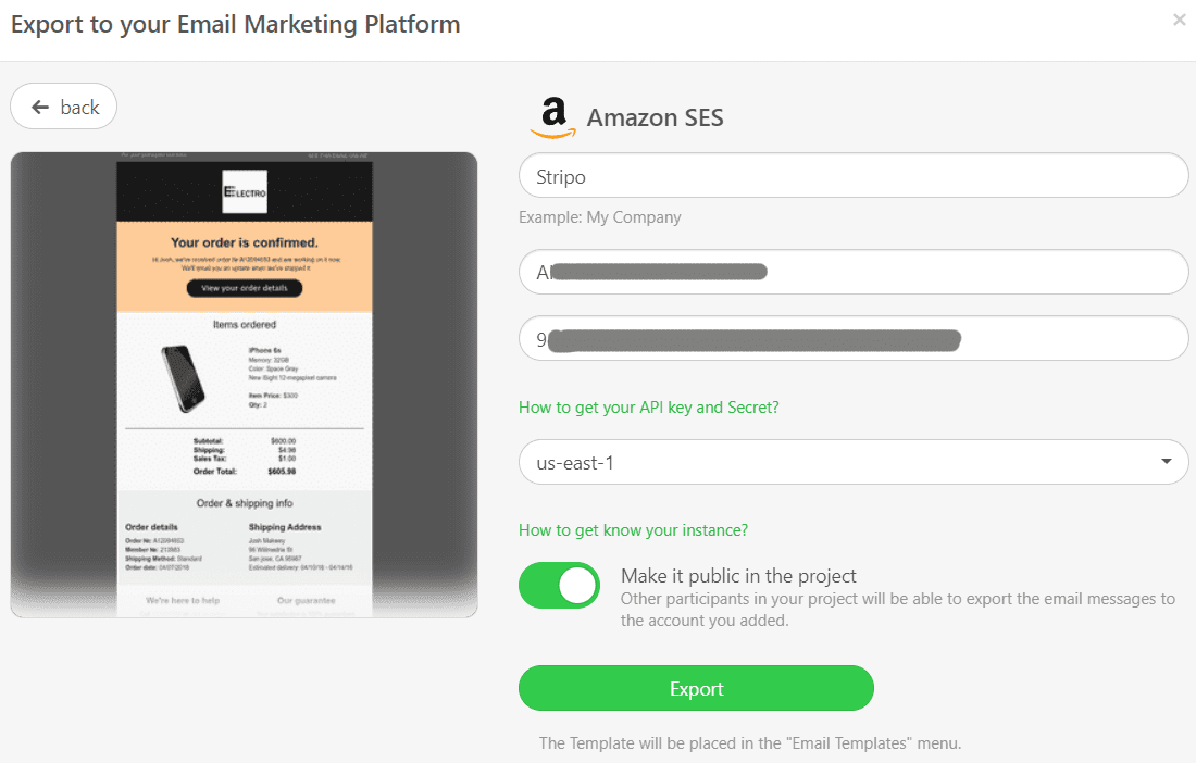 Stripo Account _ Enter Your Data to Export an Email to Amazon SES