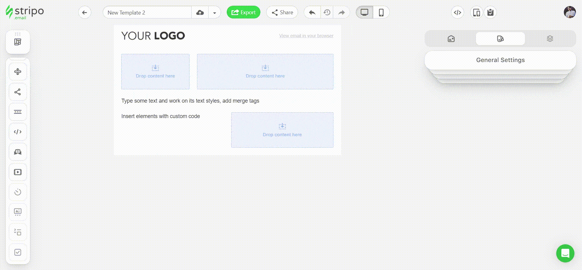 Stripo new editor _ Expanded settings and style options