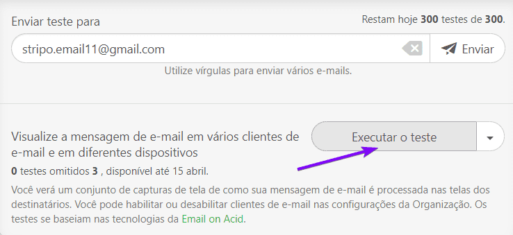 Stripo Função de teste envia um e-mail com o botão Executar teste de e-mail