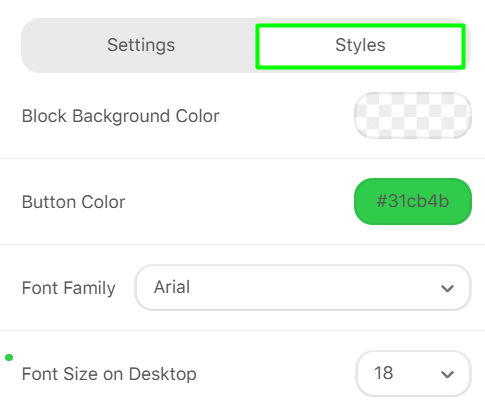 Styles tab of the button block