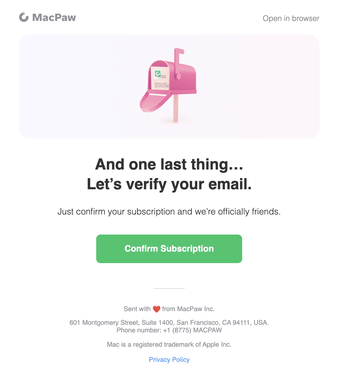 Subscription email sample for confirmed opt-in