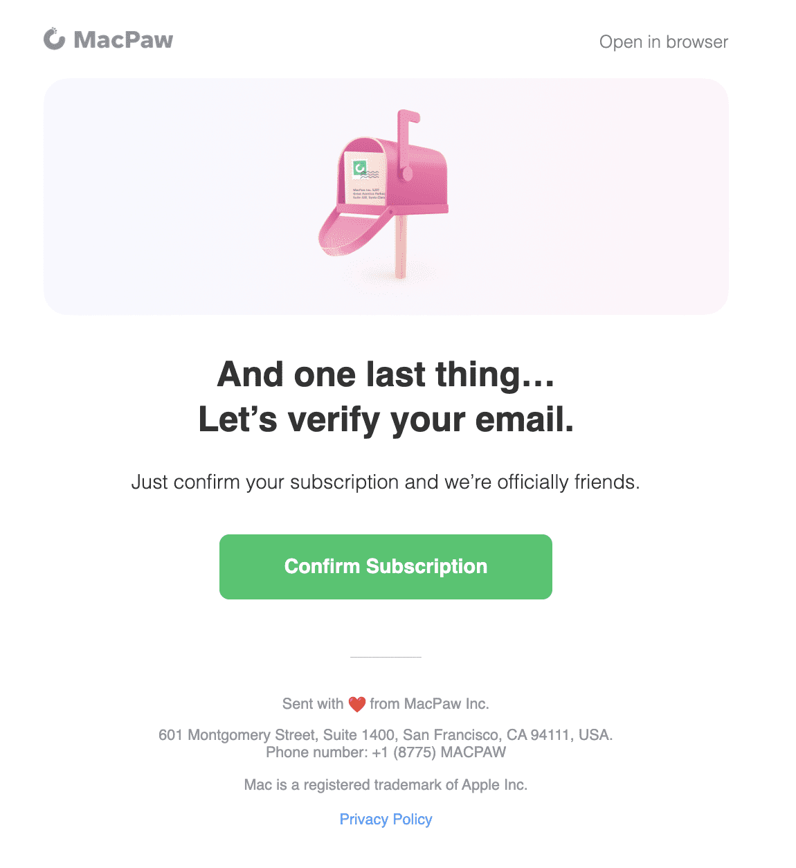 Exemplo de e-mail de assinatura para opt-in confirmado