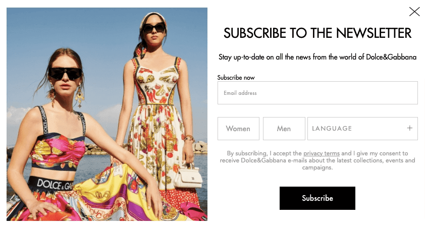 Subscription form with the option to set language preferences manually, Dolce & Gabbana