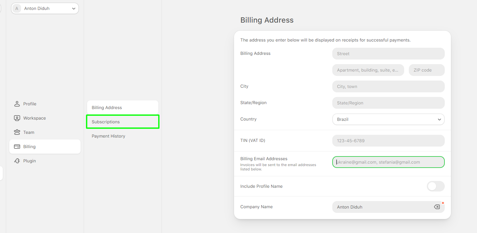 Subscriptions tab in the billing menu