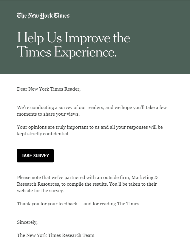 Письмо с приглашением к участию в опросе от The New York Times