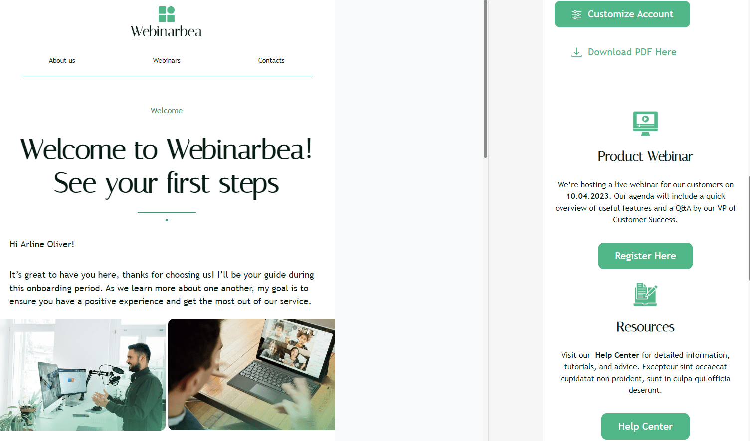 Modello di webinar esempio email di benvenuto