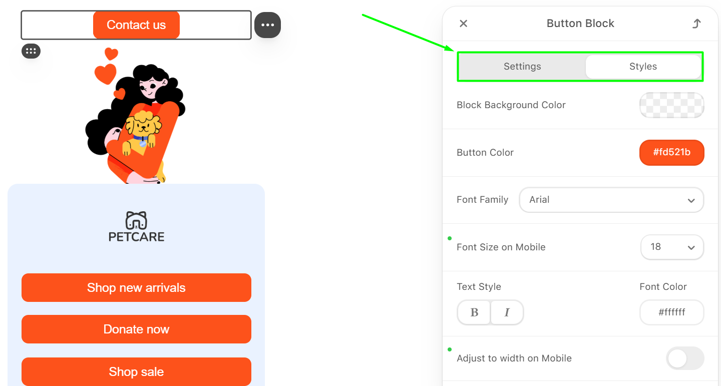 The Settings and Styles sections of the button block