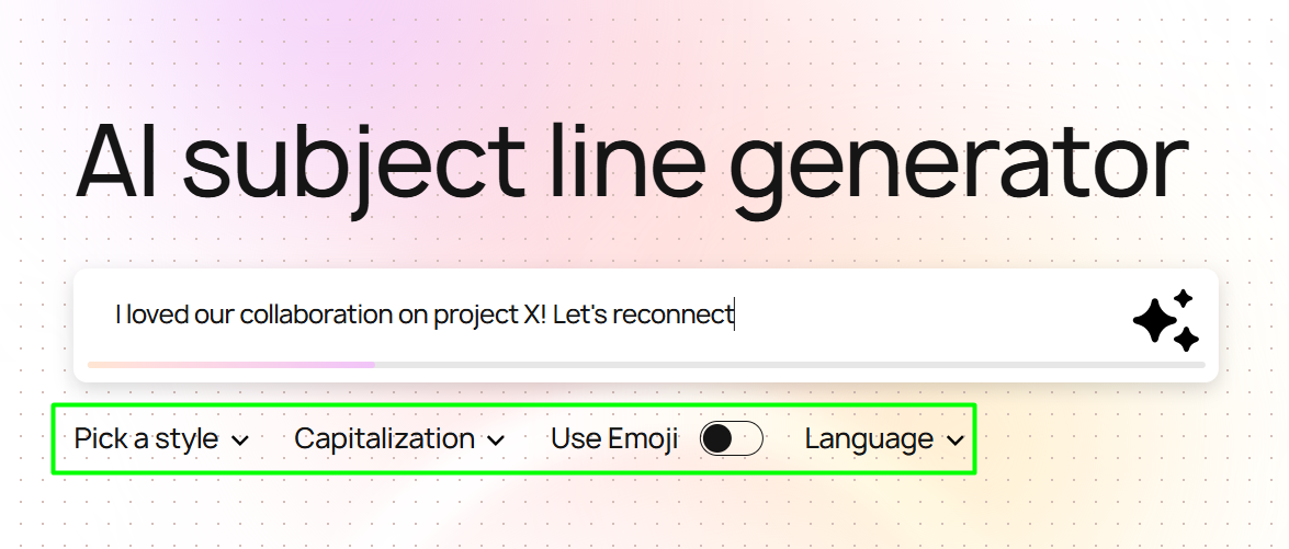 The settings of the AI subject line generator in Stripo