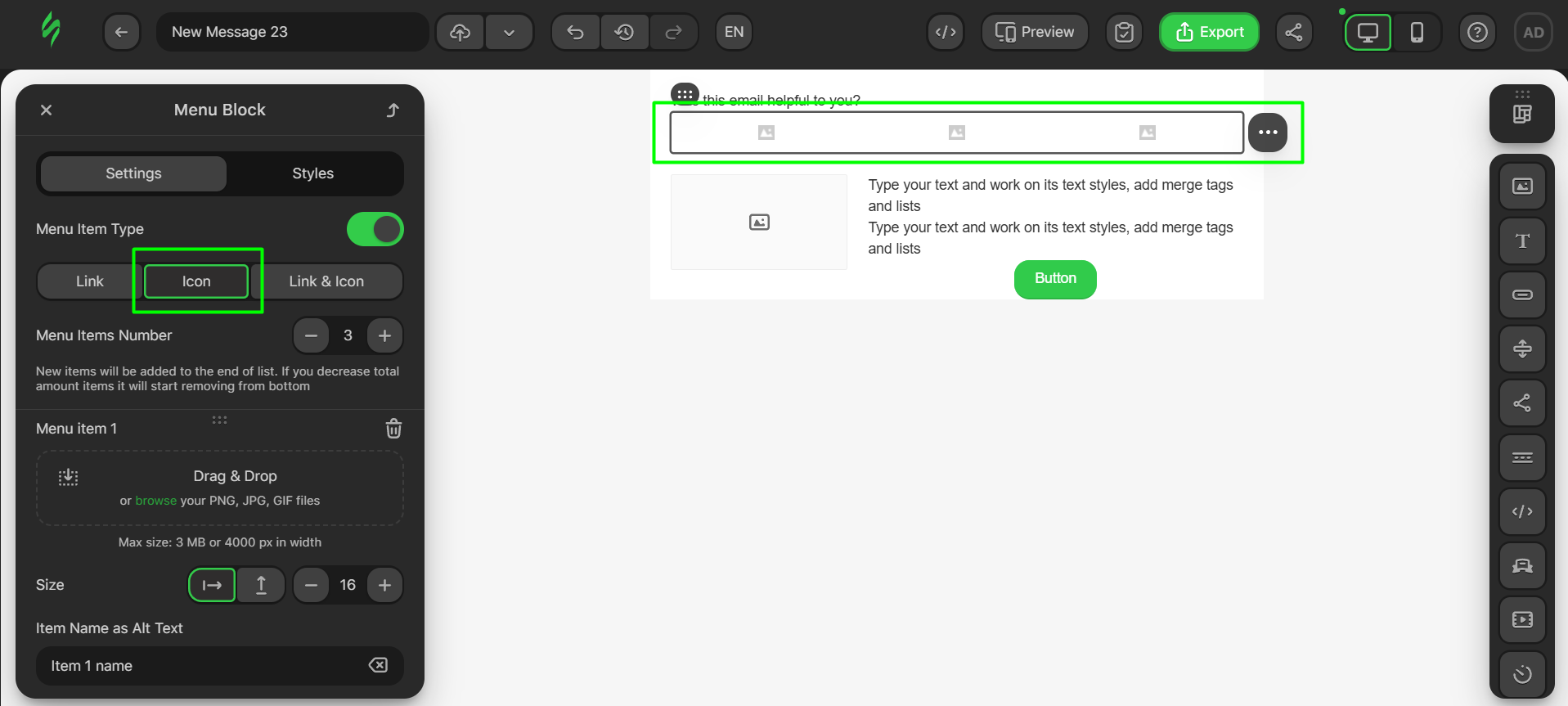 Turning menu items into icons