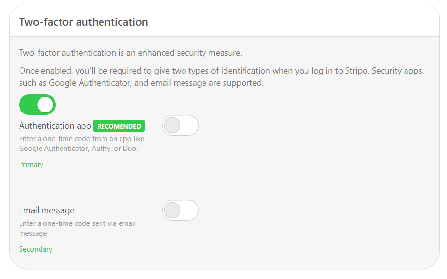 Two-Factor Authentication in Stripo