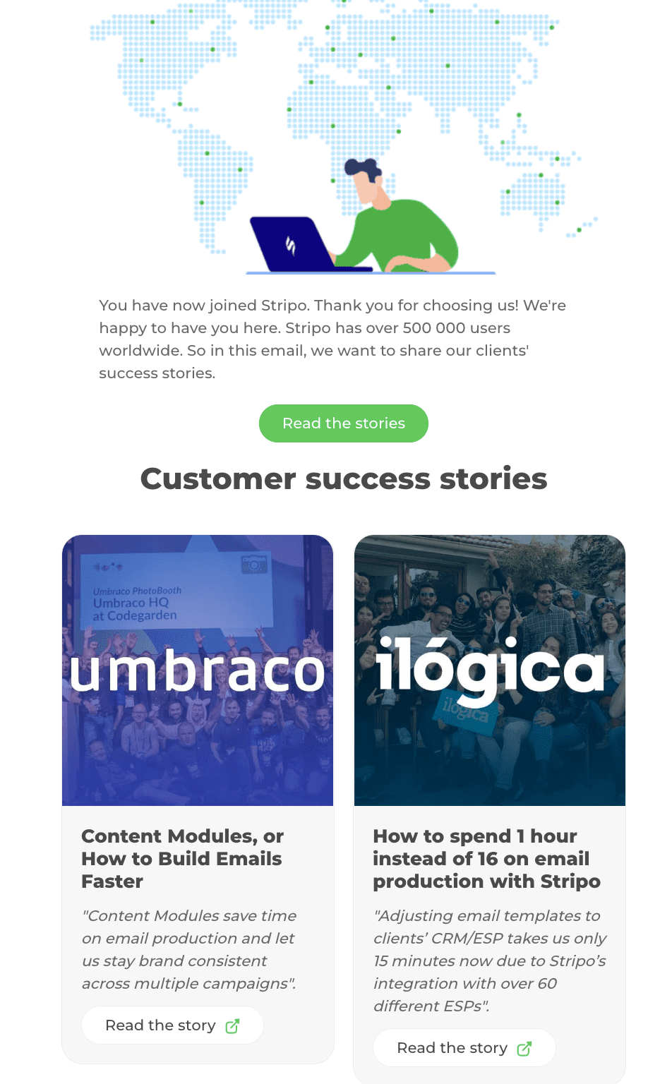 Welcome email with customer success stories