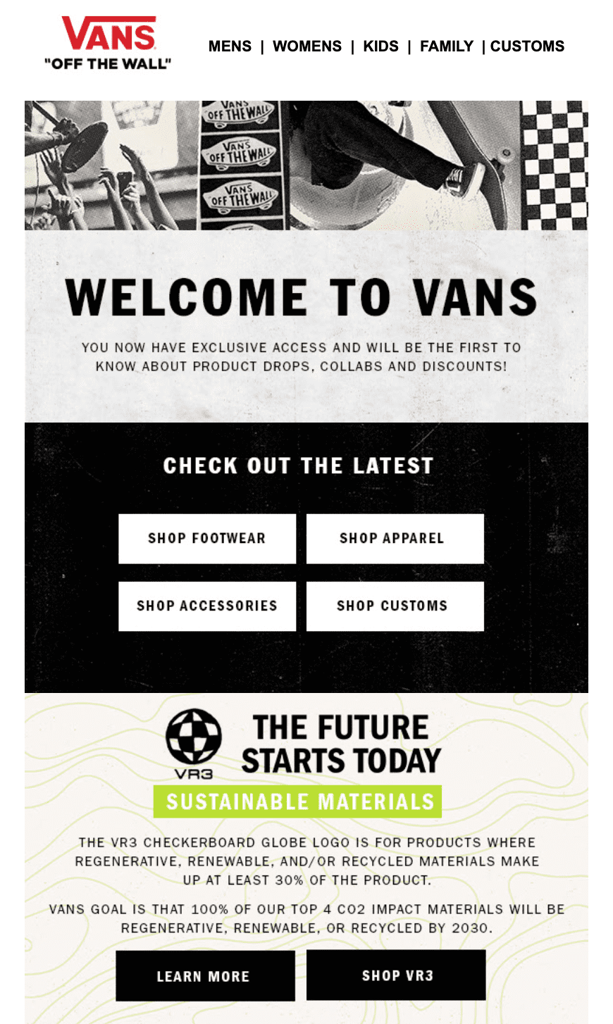 Welcome targeted email marketing campaign example from Vans