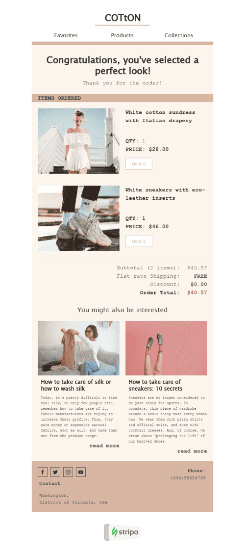 Order Email Template «Natural Fabrics» for Fashion industry desktop view