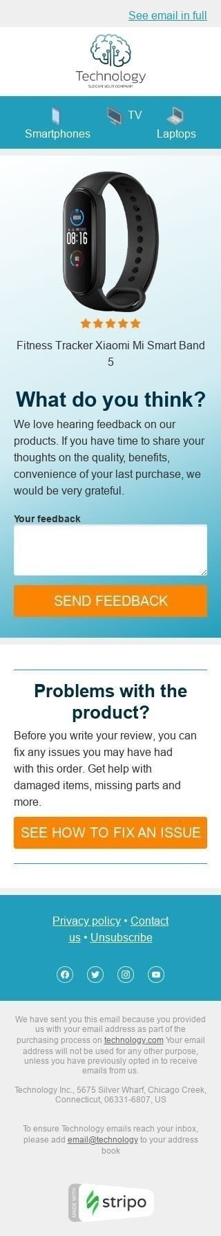 Retargeting Email Template «Purchase feedback» for Gadgets industry mobile view