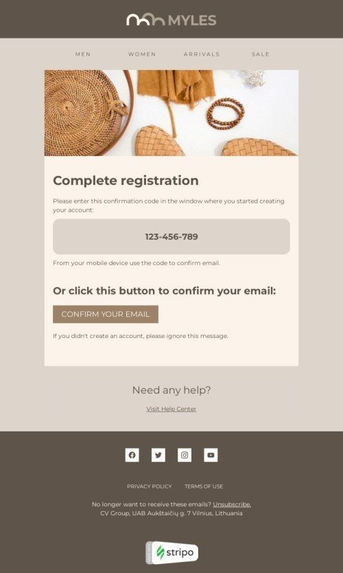 Confirmation email template "Complete registration" for fashion industry desktop view