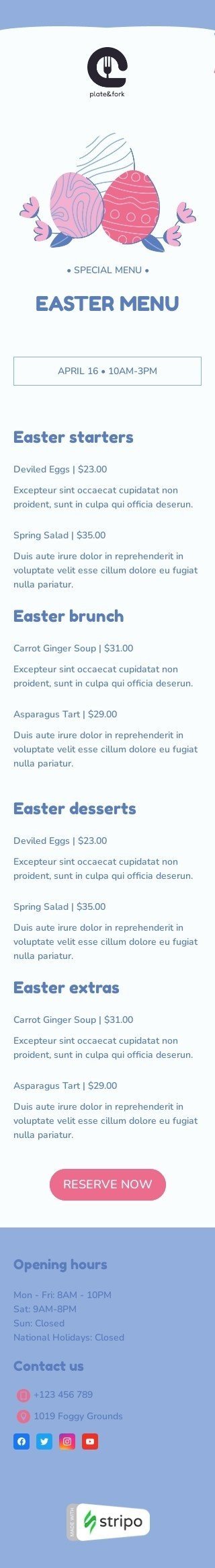 Modèle de courrier électronique Pâques «Menu de Pâques» pour le secteur nourriture Affichage mobile