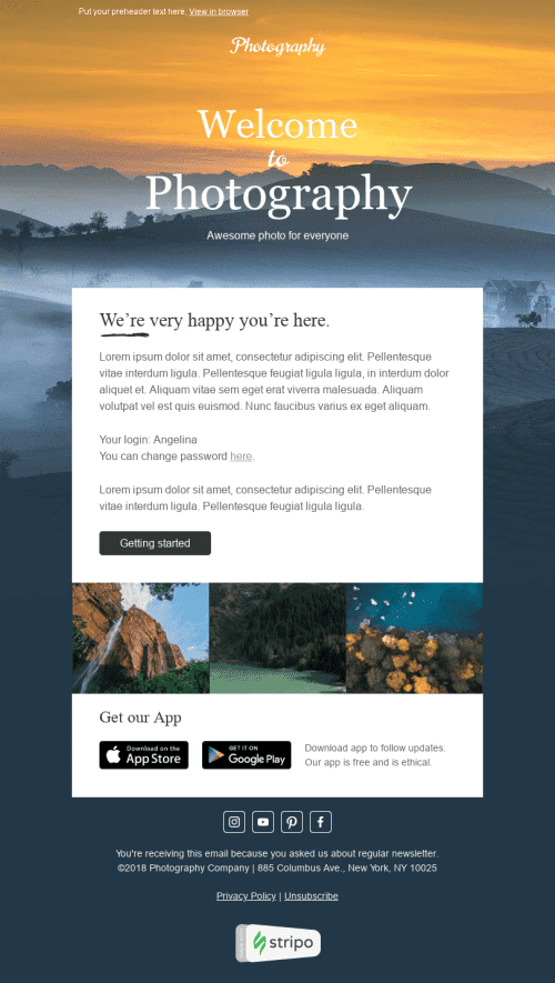 Plantilla de correo electrónico "Amanecer" de Bienvenida para la industria de Fotografía mobile view