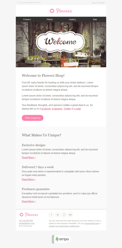 Modèle de courrier électronique Bienvenue "De beaux bouquets" pour le secteur Cadeaux & Fleurs Affichage mobile