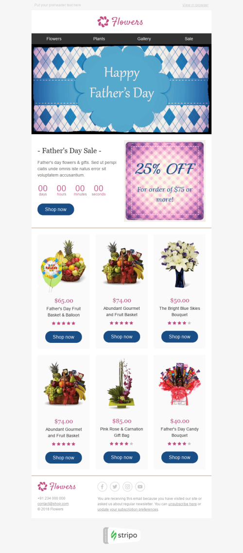 Modelo de E-mail de «Buquês de Bom Gosto» de Dia dos Pais para a indústria de Presentes e Flores Visualização de dispositivo móvel