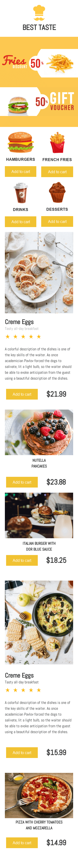 Discount Email Template «Tasty Discounts» for Food industry mobile view