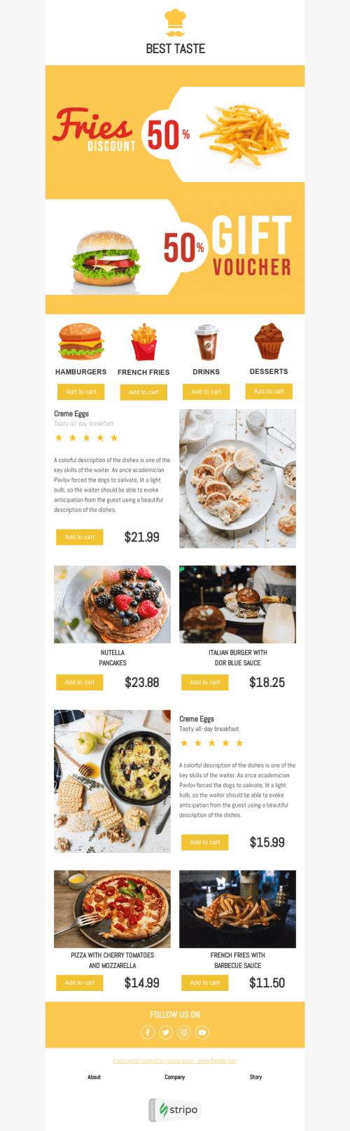 Discount Email Template «Tasty Discounts» for Food industry mobile view