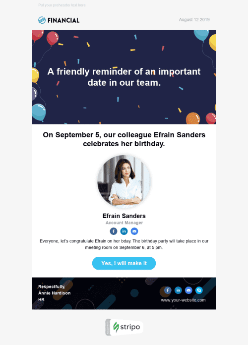 Internal Email Template «Reminder of a Colleague's Birthday» for Human Resources industry mobile view
