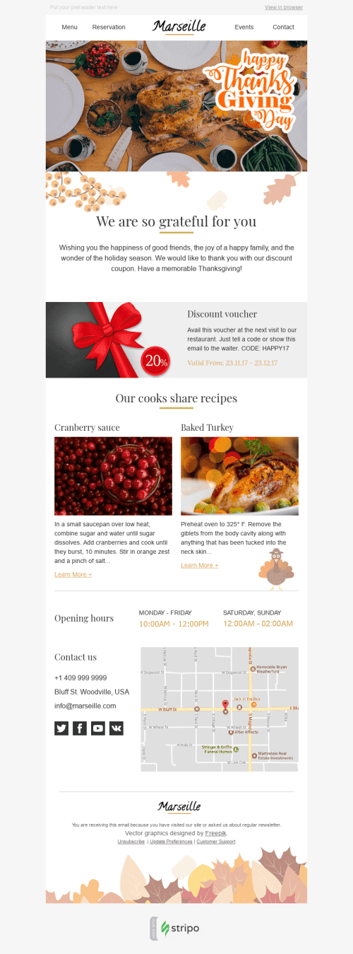 Plantilla de correo electrónico "Recetas favoritas" de Día de Acción de Gracias para la industria de Restaurantes Vista de móvil