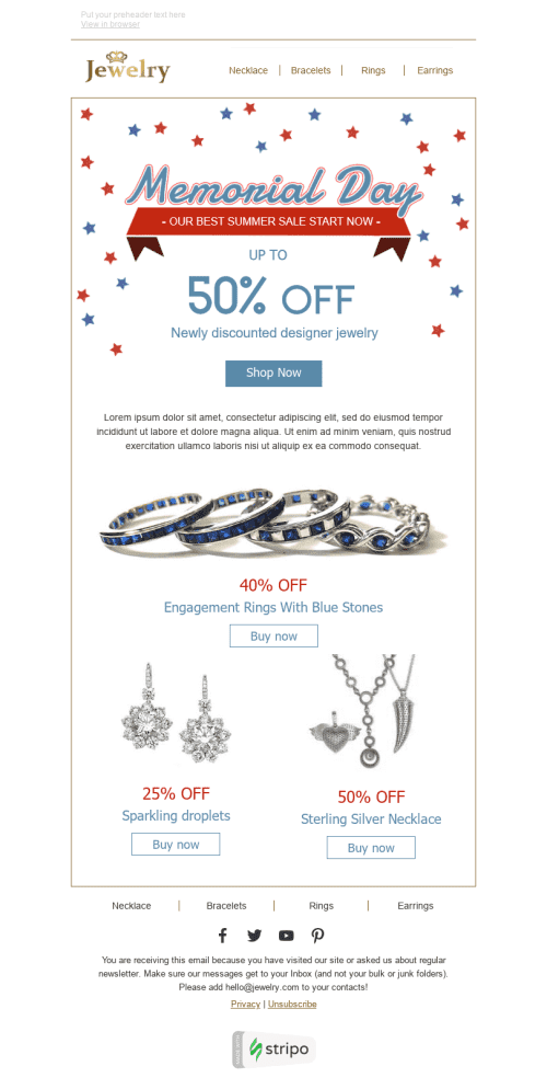 Memorial Day Email Template "Summer Sale" for Jewelry industry desktop view