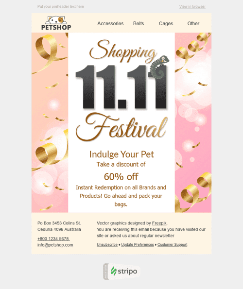 Global Shopping Festival Email Template "Happy Animals" for Pets industry desktop view