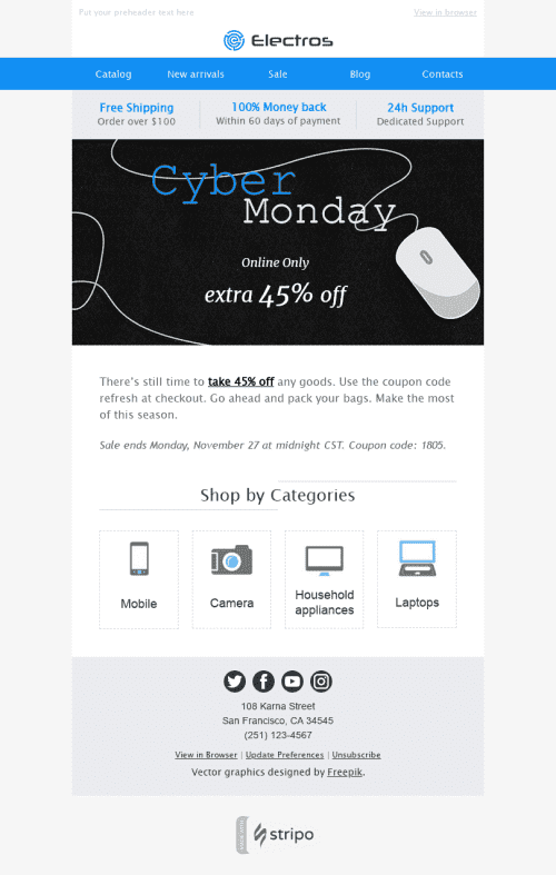 Modelo de E-mail de «Dispositivos para Todos» de Cyber Monday para a indústria de Gadgets Visualização de dispositivo móvel