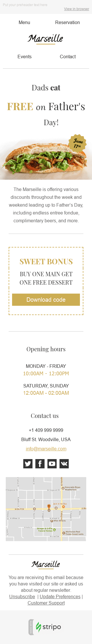 Plantilla de correo electrónico "Bonificación dulce" de Día del Padre para la industria de Restaurantes Vista de móvil