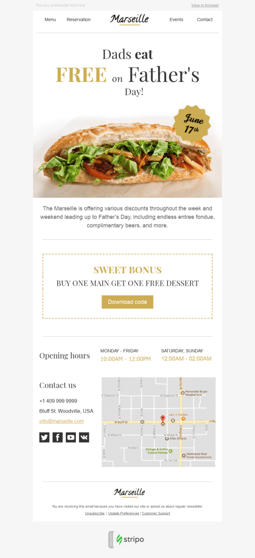Plantilla de correo electrónico "Bonificación dulce" de Día del Padre para la industria de Restaurantes mobile view