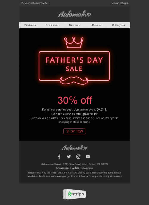 Father’s Day Email Template "Neon" for Auto & Moto industry desktop view