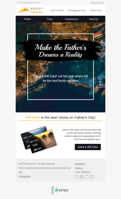 Modelo de E-mail de «Sonhos são Reais» de Dia dos Pais para a indústria de Turismo Visualização de dispositivo móvel