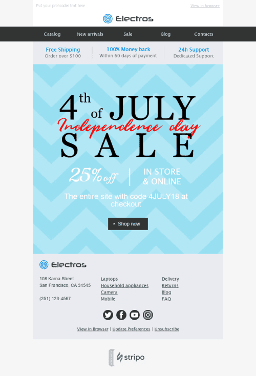 Modelo de E-mail de «4 de Julho» de Dia da Independência para a indústria de Gadgets Visualização de desktop