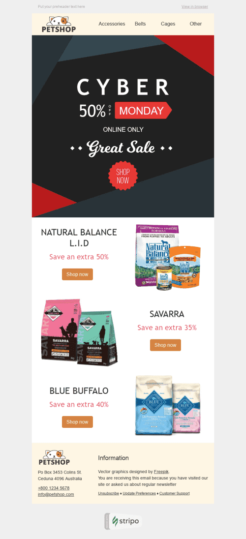 Cyber Monday Email Template "Delicious Set" for Pets industry desktop view