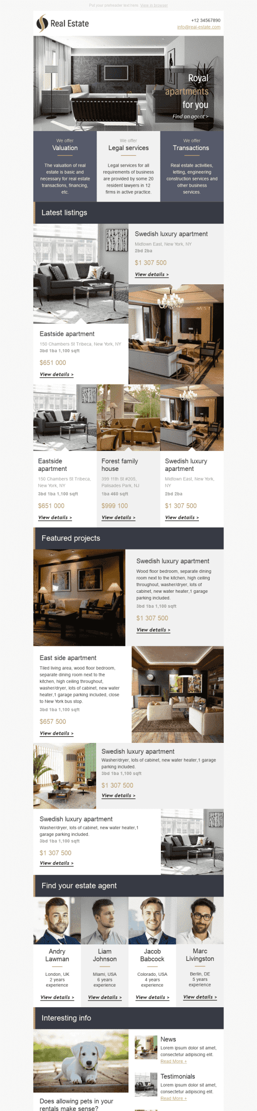 Promo Email Template "Royal Apartments" for Real Estate industry mobile view