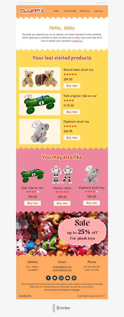 Abandoned Cart Email Template "Plush World" for Kids Goods industry desktop view