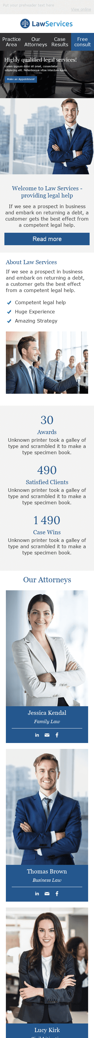 Plantilla de correo electrónico "Caso ganador" de Promoción para la industria de Servicios jurídicos Vista de móvil