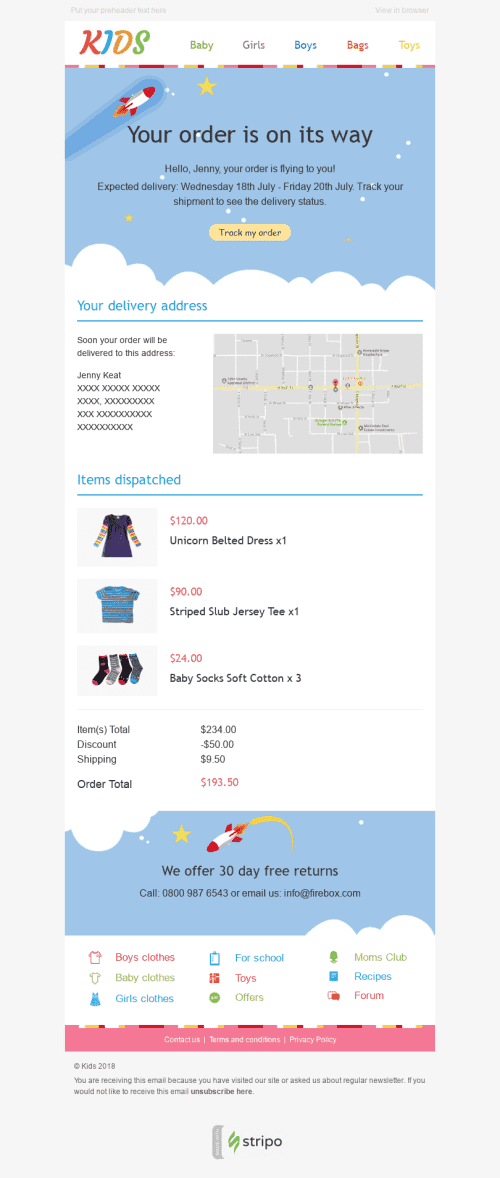 Confirmation Email Template "Fast Delivery" for Kids Goods industry desktop view