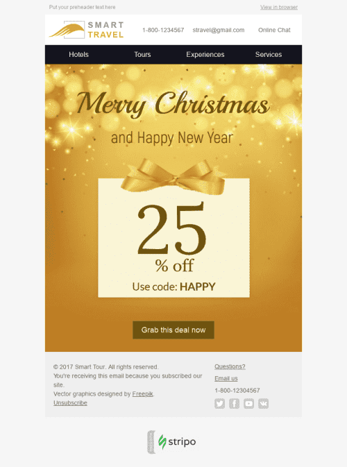 Plantilla de correo electrónico "Confeti de oro" de Navidad para la industria de Turismo Vista de escritorio