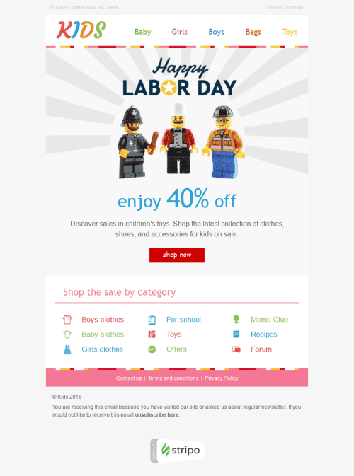 Labor Day E-Mail-Vorlage "Alles im Ausverkauf" für Produkte für Kinder-Branche mobile view
