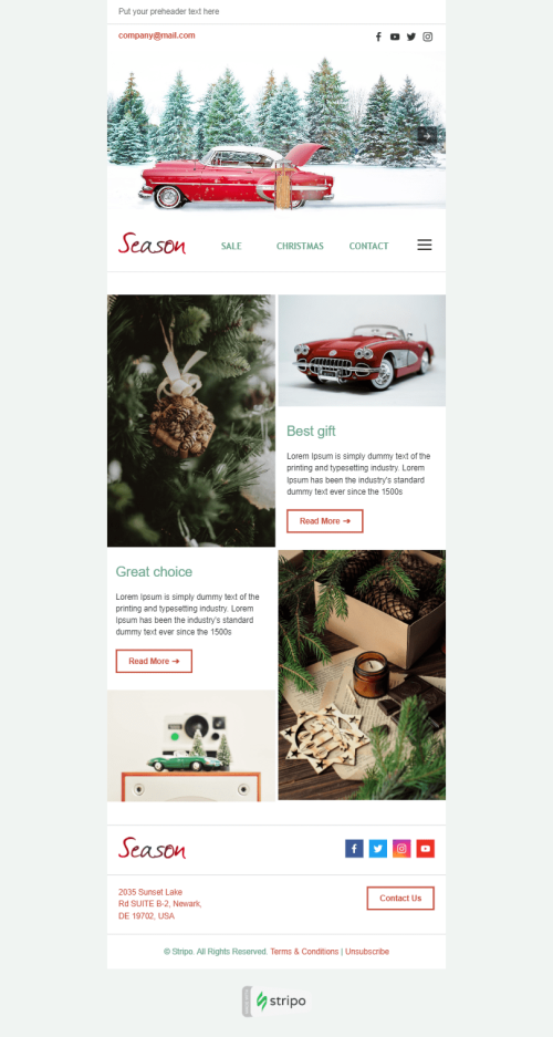 Plantilla de correo electrónico «Temporada de vacaciones» de Navidad para la industria de Regalos y flores Vista de escritorio