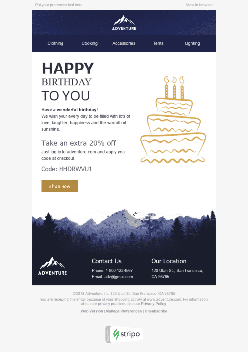 Modelo de E-mail de «Bolo Bom» de Aniversário para a indústria de Turismo Visualização de desktop