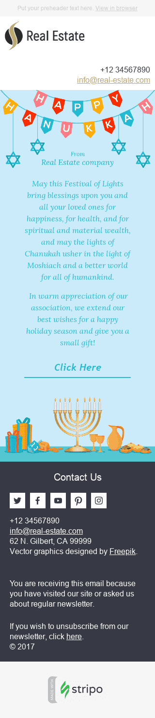 Modèle de courrier électronique Hanukkah "Vœux chaleureux" pour le secteur Immobilier Affichage mobile